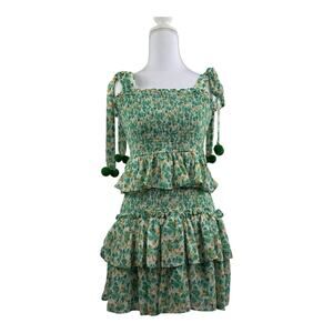 TCEC Green Floral Smocked Tiered Ruffle Mini Dress Medium Tie Pom Pom Straps